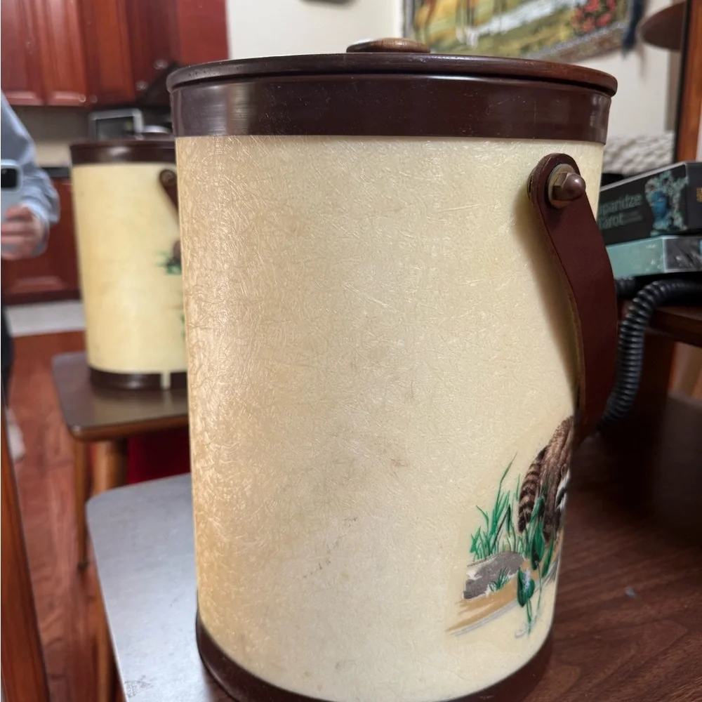 Vintage 70s Raccoon Ice Bucket Cream Brown leather handle Bacova Guild Antique